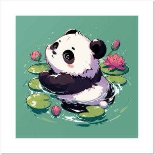 Cute Anime Panda Bear Bath With Water Lily Posters and Art